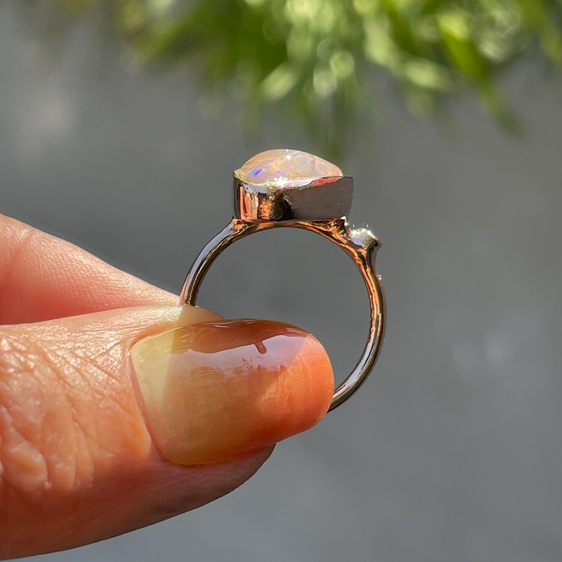Zion Dali Australian Opal Ring by NIXIN Jewelry profile shot. Natural opal ring.